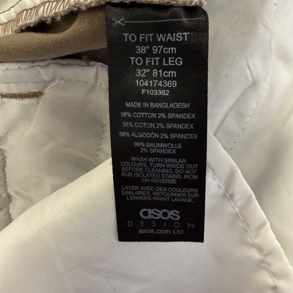 ASOS Design Mens Slim Fit Khaki Chinos Size 38x32 Cotton Spandex Blend - Picture 8 of 10